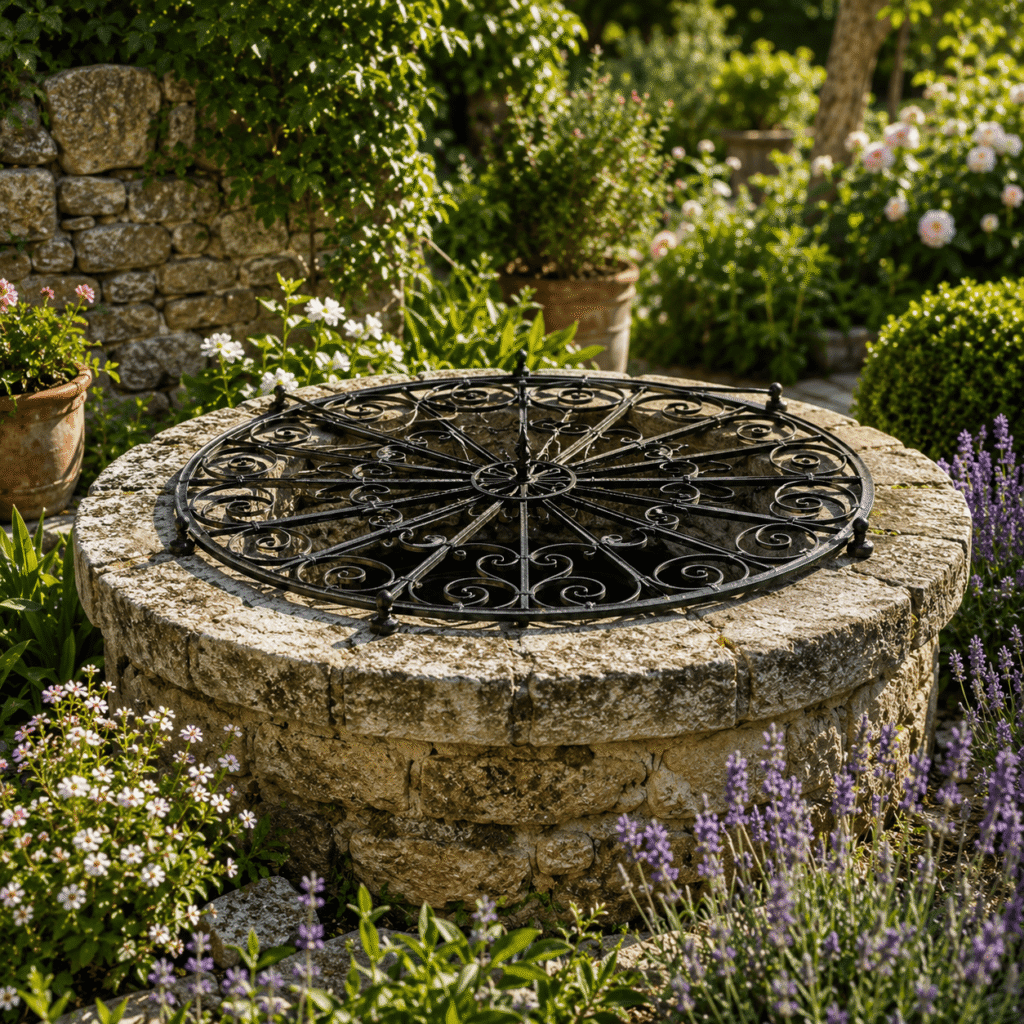 Jardin méditerranéen avec puits en pierre 